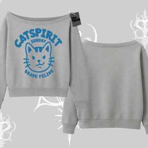 Catspirit Sunday Brave Feline Yazılı Kedi Baskılı Kayık Yaka Sweatshirt