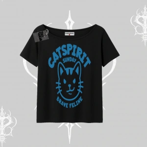 Catspirit Sunday Brave Feline Yazılı Kedi Baskılı Kayık Yaka Tshirt