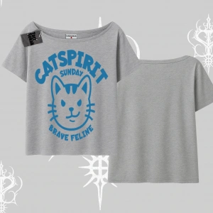 Catspirit Sunday Brave Feline Yazılı Kedi Baskılı Kayık Yaka Tshirt