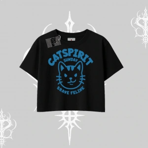 Catspirit Sunday Brave Feline Yazılı Kedi Baskılı Oversize Crop Tshirt