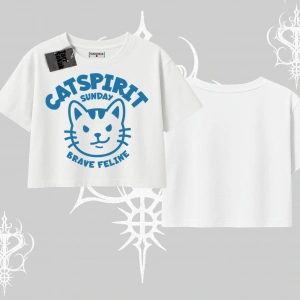 Catspirit Sunday Brave Feline Yazılı Kedi Baskılı Oversize Crop Tshirt