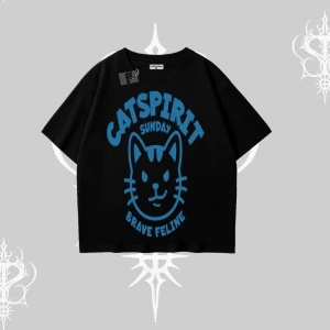 Catspirit Sunday Brave Feline Yazılı Kedi Baskılı Oversize Tshirt