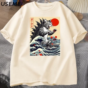Catzilla Kedi Japon komik tişört Erkekler Kadınlar için Vintage Karikatür Baskı Rahat Rahat Y 2853