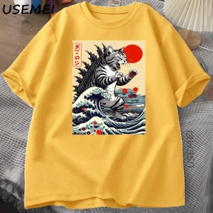 Catzilla Kedi Japon komik tişört Erkekler Kadınlar için Vintage Karikatür Baskı Rahat Rahat Y 2853