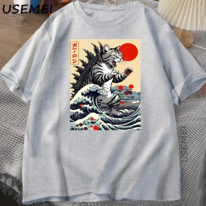 Catzilla Kedi Japon komik tişört Erkekler Kadınlar için Vintage Karikatür Baskı Rahat Rahat Y 2853