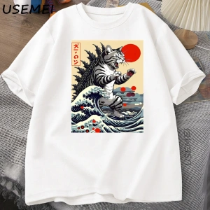 Catzilla Kedi Japon komik tişört Erkekler Kadınlar için Vintage Karikatür Baskı Rahat Rahat Y 2853