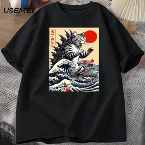 Catzilla Kedi Japon komik tişört Erkekler Kadınlar için Vintage Karikatür Baskı Rahat Rahat Y 2853