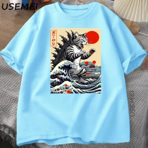 Catzilla Kedi Japon komik tişört Erkekler Kadınlar için Vintage Karikatür Baskı Rahat Rahat Y 2853