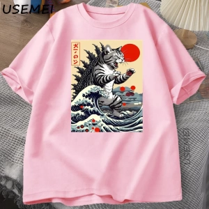 Catzilla Kedi Japon komik tişört Erkekler Kadınlar için Vintage Karikatür Baskı Rahat Rahat Y 2853