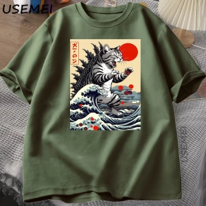 Catzilla Kedi Japon komik tişört Erkekler Kadınlar için Vintage Karikatür Baskı Rahat Rahat Y 2853