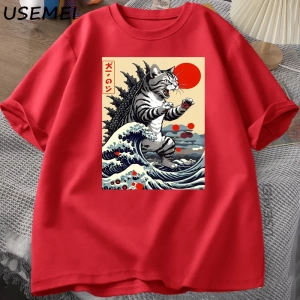 Catzilla Kedi Japon komik tişört Erkekler Kadınlar için Vintage Karikatür Baskı Rahat Rahat Y 2853