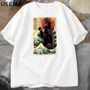 Catzilla T Shirt Kedi Büyük Dalga komik tişört Erkekler Kadınlar için Japon Tshirt Büyük Boy 2932