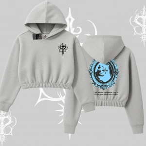 Çerçeveli Kedi Baskılı Kapşonlu Crop Sweatshirt