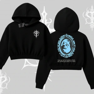 Çerçeveli Kedi Baskılı Kapşonlu Crop Sweatshirt