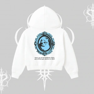 Çerçeveli Kedi Baskılı Kapşonlu Crop Sweatshirt