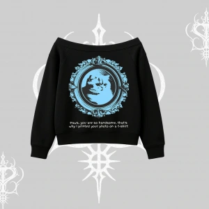 Çerçeveli Kedi Baskılı Kayık Yaka Sweatshirt