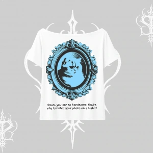 Çerçeveli Kedi Baskılı Kayık Yaka Tshirt