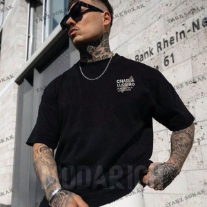 Charlie Luciano T-shirt - Siyah Baskılı Oversize Bisiklet Yaka Kısa Kol