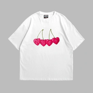 Cherry Nude Baskılı Oversize Unisex Premium Beyaz