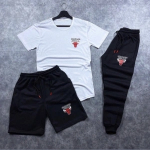 Chicago Baskılı Beyaz - Siyah Slim Fit 3’lü Takım ( Tişört - Şort - Eşofman Alt