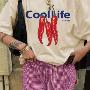 Chili Desen ve COOLLIFE Harf Baskılı Kadın Günlük Moda Üstü Yaz Kısa Kollu Üstler, Yaz Kadın