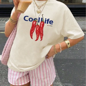 Chili Desen ve COOLLIFE Harf Baskılı Kadın Günlük Moda Üstü Yaz Kısa Kollu Üstler, Yaz Kadın