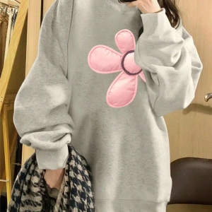 Çiçek Desenli Düşük Omuz Büyük Beden Sweat Gri