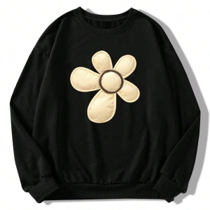 Çiçek Desenli Düşük Omuz Büyük Beden Sweat Gri