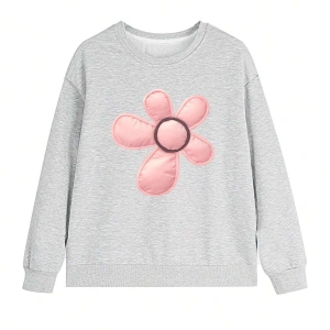 Çiçek Desenli Düşük Omuz Büyük Beden Sweat Gri