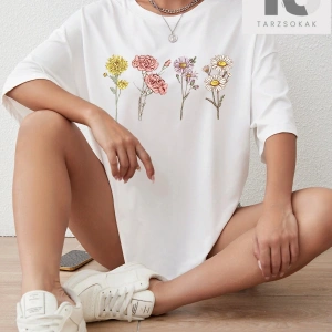 Çiçek Desenli Düşük Omuz Tişört