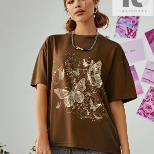 Çiçek Desenli Düşük Omuz Tişört