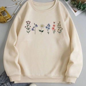 Çiçek Desenli Termal Astarlı Sweat Bej