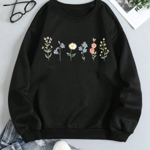 Çiçek Desenli Termal Astarlı Sweat Siyah