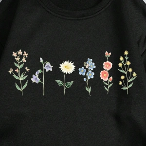 Çiçek Desenli Termal Astarlı Sweat Siyah