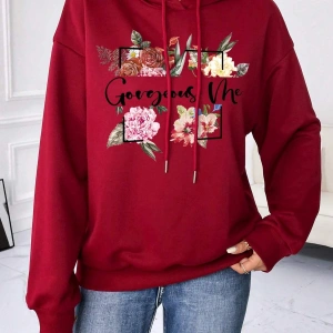 Çiçek ve Slogan Grafikli Düşük Omuzlu İpli Kapüşonlu Üst Bordo