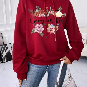 Çiçek ve Slogan Grafikli Düşük Omuzlu İpli Kapüşonlu Üst Bordo