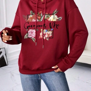 Çiçek ve Slogan Grafikli Düşük Omuzlu İpli Kapüşonlu Üst Bordo