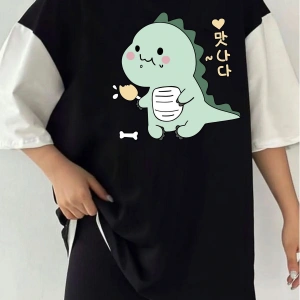 Çift Renk Dino Baskılı Unisex Tshirt