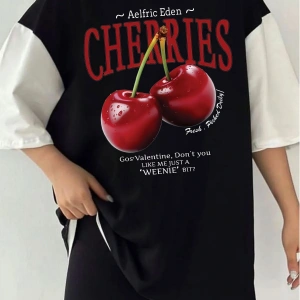 Çift Renk Red Cherries Baskılı Unisex Tshirt