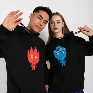 Çift Sevgili Ikili Ateş Ve Su Baskılı Oversize Kapşonlu Sweatshirt Hoodie