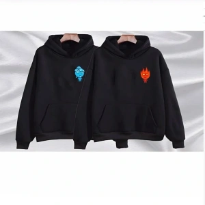 Çift Sevgili Siyah Ateş Su Baskılı Kapşonlu Kanguru Cepli Pamuklu 2li Sweatshirt