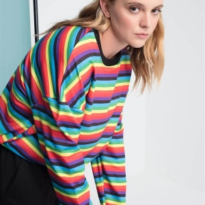Çizgili Yuvarlak Yaka Kırmızı Sarı Sweatshirt Hoodie