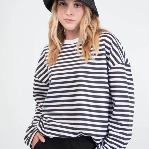 Çizgili Yuvarlak Yaka Siyah Sweatshirt Hoodie