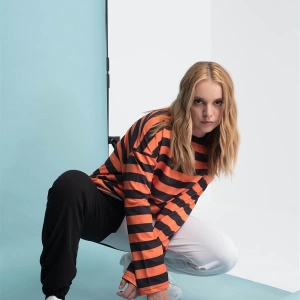 Çizgili Yuvarlak Yaka Turuncu Sweatshirt Hoodie