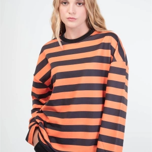 Çizgili Yuvarlak Yaka Turuncu Sweatshirt Hoodie