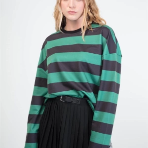 Çizgili Yuvarlak Yaka Yeşil Sweatshirt Hoodie