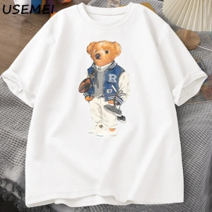 Classic Bear Print T Shirt Brand Men Summer Cotton T-shirt Short Sleeved Funny Graphic Tees C