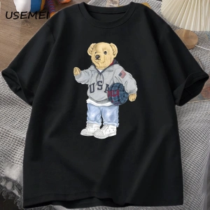 Classic Bear Print T Shirt Brand Men Summer Cotton T-shirt Short Sleeved Funny Graphic Tees C
