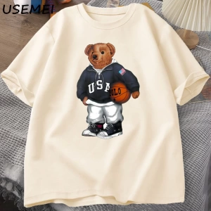 Classic Bear Print T Shirt Brand Men Summer Cotton T-shirt Short Sleeved Funny Graphic Tees C