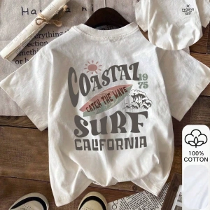 COASTAL SURF California Baskı Yazlık Bayan %100 Pamuklu Kısa Kollu, Günlük Kadın Giyim, Günlü
